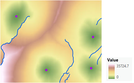 Mapa da distância de custo acumulativo de quatro estações de guarda florestal