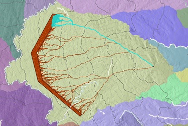 Mapa dos 10% principais dos caminhos menos dispendiosos a partir do destino do polígono, mostrando como eles compartilham uma rota semelhante