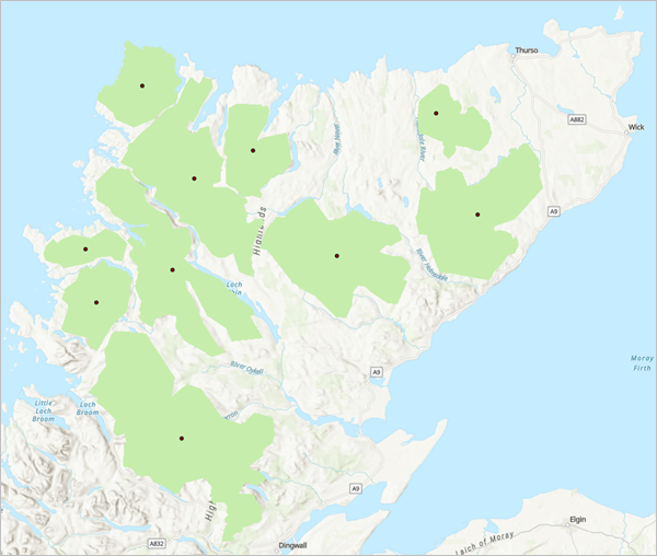 Centróides das áreas florestais na Escócia