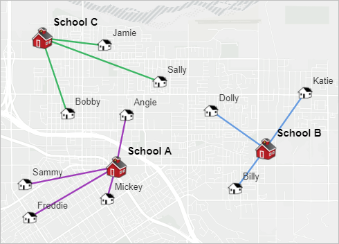 Captura de tela do mapa mostrando a saída da ferramenta com linhas conectando cada aluno à escola atribuída ao aluno