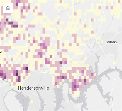 Mapa armazenado exibindo o número relativo de pedidos de serviço ao longo da municipalidade Mapa armazenado exibindo o número relativo de pedidos de serviço ao longo da municipalidade