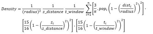 Уравнение плотности ядер на разных высотах с учетом времени по точкам x,y