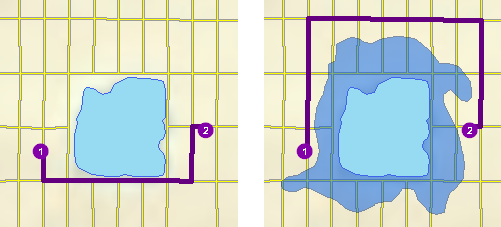 При помощи двух карт показано, каким образом полигональный барьер ограничения влияет на маршрутный анализ.