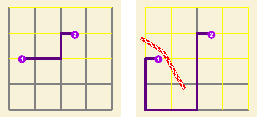 При помощи двух карт демонстрируется, каким образом линейный барьер ограничения влияет на маршрутный анализ.