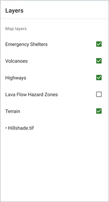 Список слоев с отключенным слоем Lava Flow Hazard Zones