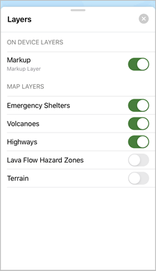 Список слоев с отключенными слоям Lava Flow Hazard Zones и Terrain