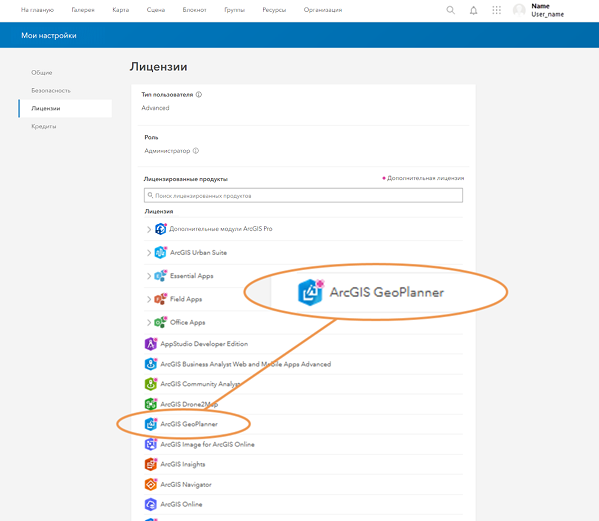 Настройки профиля ArcGIS Online, вкладка Лицензии