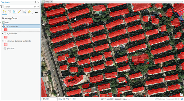 Выходной слой пространственных объектов, содержащий упорядоченные контуры зданий.