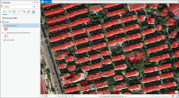 Выходной слой пространственных объектов, содержащий слитые контуры зданий.