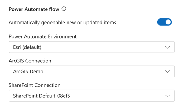Настройки потока Power Automate, включая Power Automate Environment, подключение ArcGIS и подключение SharePoint.