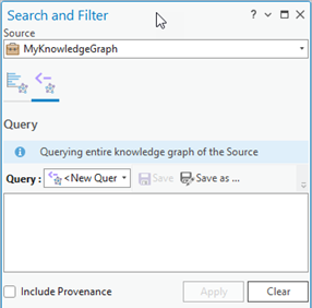 窗格将查询与名为 MyKnowledgeGraph 的调查关联的知识图谱。 窗格将查询与名为 MyKnowledgeGraph 的调查关联的知识图谱。