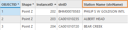 从 NetCDF 时间序列转要素类工具的输出要素类属性表中添加了选定的实例变量 stnName 作为站名字段