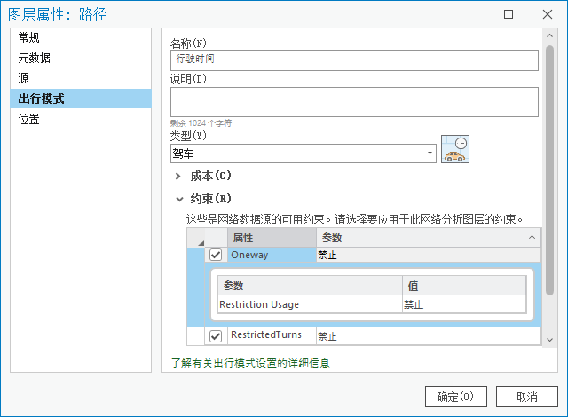 在“图层属性”对话框中更改“出行模式”参数值