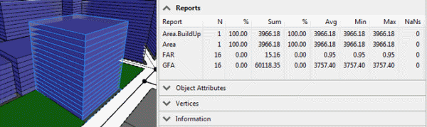 单个选定建筑物的 FAR 和 GFA 显示在“报告”窗格中