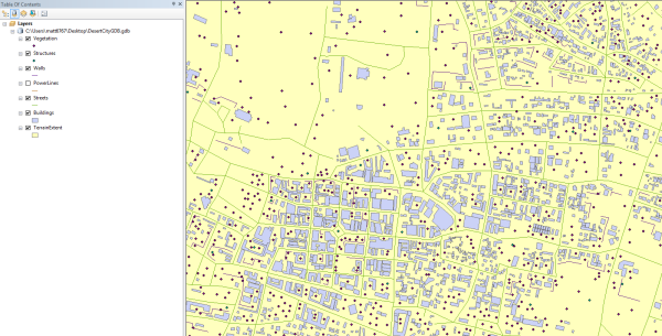 在 ArcMap 中显示的 Desert City 地理数据库图层。