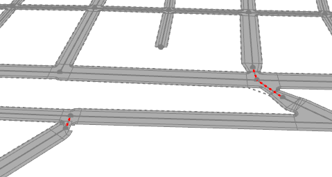 使用红色虚线标记的冲突街道形状