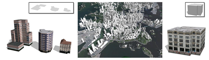 根据覆盖区（左）、OpenStreetMap 的 2D 面（中），以及现有 3D 体量模型（右）生成的建筑物
