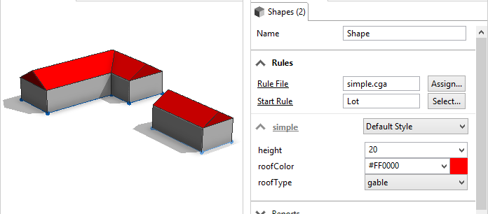 被分配了具有 height、roofColor 和 roofType 属性的规则的所选形状