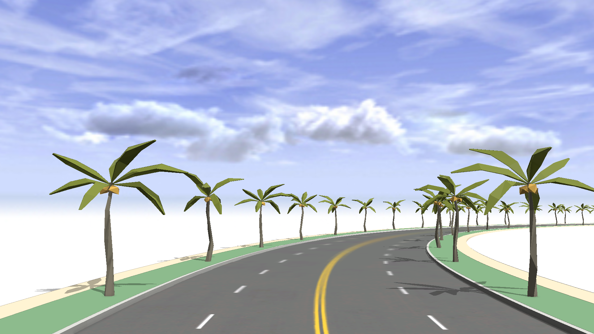 街道两侧具有正确的“Coconut Palm”树木，但高度错误。