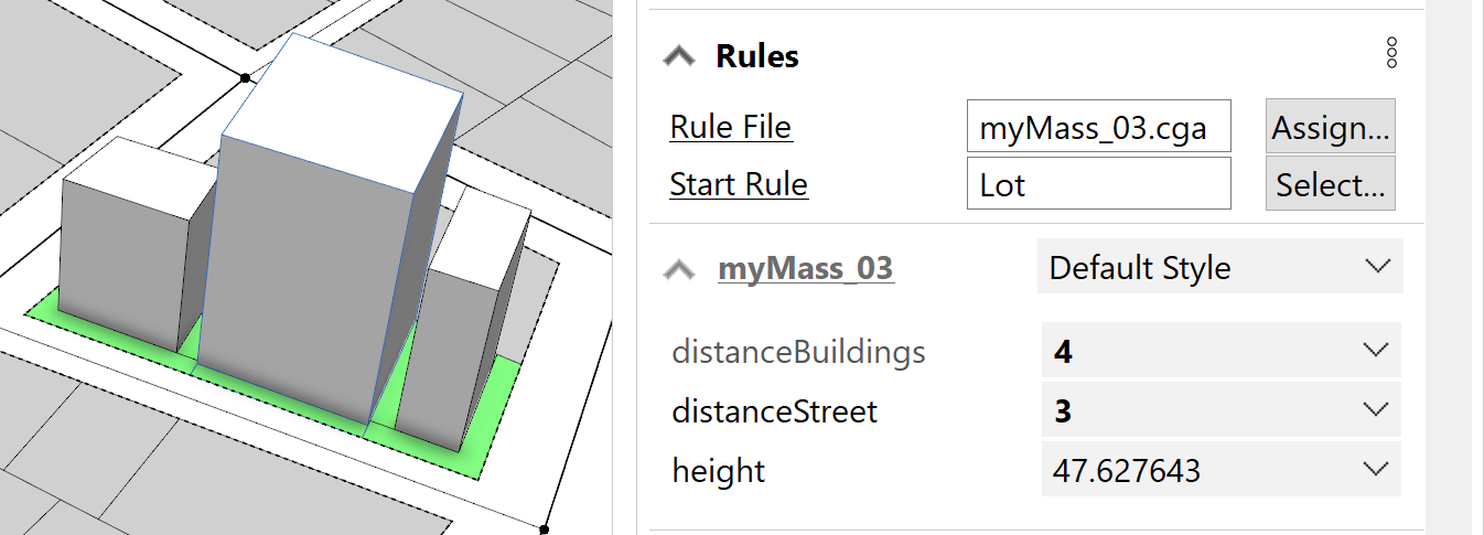 在“检查器”窗口中手动设置的 distanceBuildings 和 distanceStreet 规则参数