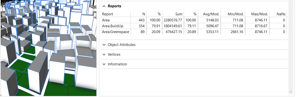 建成区和绿色空间面积报表已显示在“检查器”窗口中
