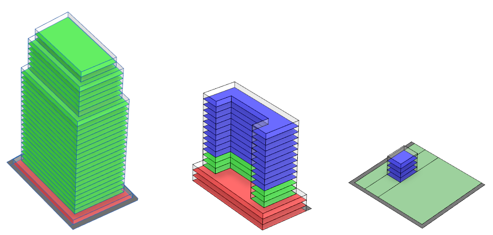 具有不同土地利用类型的建筑物，左：办公，中间：混合办公，右：住宅