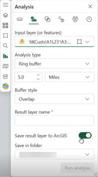 ArcGIS for Excel 中显示的“创建缓冲区/行驶时间区域”选项卡