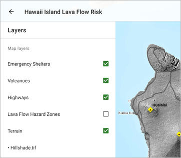 Lava Flow Hazard Zones 关闭状态下的图层列表和地图