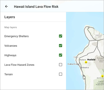 Lava Flow Hazard Zones 和 Terrain 关闭状态下的图层列表和地图